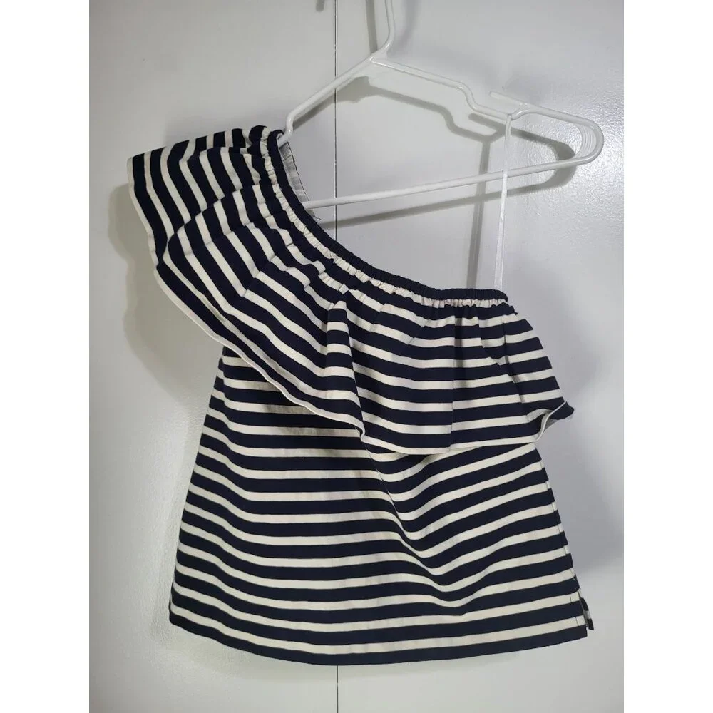 J. Crew One Shoulder Striped Ruffle Top Navy Cream SZ XS Preppy Cotton Classic - Picture 2 of 10